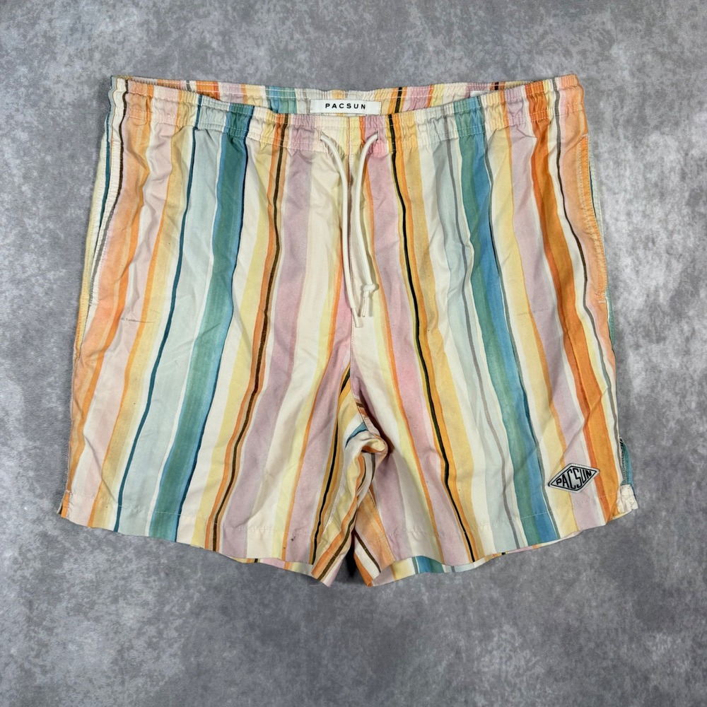 PacSun Mens Striped Swim Trunks M Multicolor Orange Yellow Blue Board Shorts
